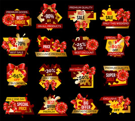 Shopping stickers or label set big discount and best choice. Logotype limited promotion decoration by ribbon and bow. Super sale shop now, poster fantastic offer and special price on holiday vector