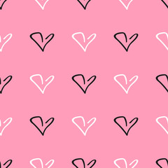 Romantic seamless pattern with repeating outlines of hearts. Cute print drawn by hand. Simple vector illustration.