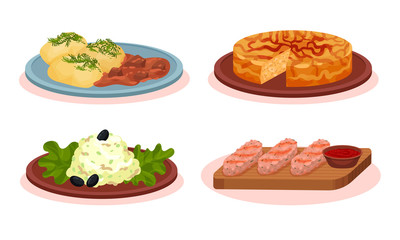 Bulgarian Cuisine National Food Dishes Collection, Roasted Meat Patties, Kebapche, Snezhanka Salad, Patatnik Pie, Mashed Motato and Stewed Meat Vector Illustration