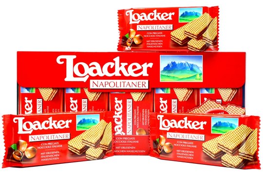Italy - September 2, 2019: LOACKER Napolitaner Wafers. Crispy wafers with smoothest Napolitaner hazelnut cream