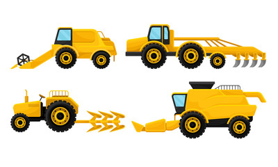 Fototapeta premium Heavy Agricultural Machinery Collection, Yellow Farm Vehicles Vector Illustration