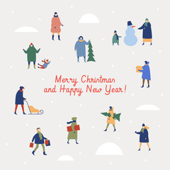 Fototapeta premium Christmas picture with people preparing for the holiday. Happy winter holidays. Design element for new year cards, banners, posters. Xmas layout creative banner. Vector seasonal illustration.