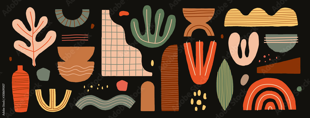 Poster Collection of abstract graphic forms on a dark background. Minimalist elements in the style of modern art. Universal vector illustration for your design in a flat style.