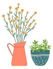 Flowers in vases, floral decor for home flat style flourishing on branches, plant with frondage, tender and elegant design, container interior. Isolated flowerpot with blooming plant . Vector in flat
