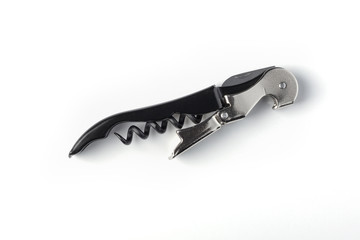 Sommelier knife with black handle on white background