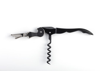 Sommelier knife with black handle on white background