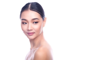 Beautiful Young Asian Woman with Clean Fresh Skin isolate on white background. Spa, Face care, Facial treatment, Beauty and Cosmetics concept. Look behind, smile.