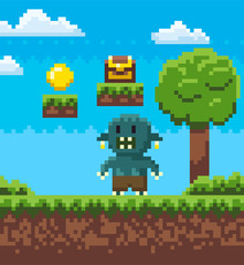 Angry man character of pixel game vector, scary monster with rage pixelated personage with treasure above, casket with coins and wealth, nature mosaics