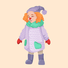 The little girl cute child is a clown, a carnival New Year dress. Vector isolated character