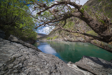 Beautiful blue creek in between Kahurangi canyon,Cromwell,New Zealand.Lindsi Pass route.