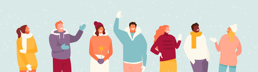 Group of joyful and friendly people in winter clothes standing under the snow. Christmas illustration
