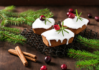 Homemade mini cakes with icing, cranberries and rosemary twigs on a cooling rack. Homemade traditional Christmas festive dessert.  