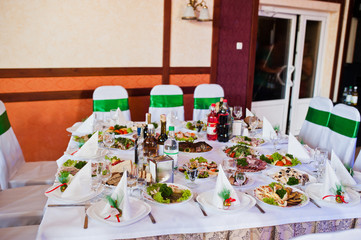 Beautiful wedding set decoration in the restaurant.