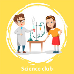 Fototapeta premium School science club for pupils. Two schoolchildren doing chemical experiment with test tubes and liquids on table. Vector illustration in flat cartoon style
