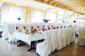 Beautiful wedding set decoration in the restaurant.