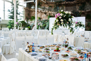 Beautiful wedding set decoration in the restaurant.