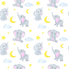 Elephant cute little watercolor seamless pattern childish illustration