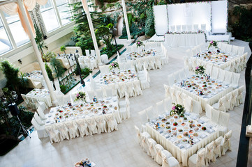 Beautiful wedding set decoration in the restaurant.