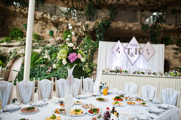 Beautiful wedding set decoration in the restaurant.