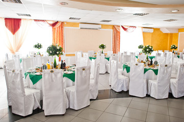 Beautiful wedding set decoration in the restaurant.