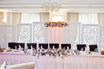 Beautiful wedding set decoration in the restaurant.