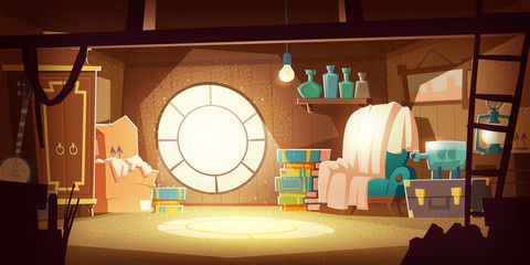 House attic with old furniture, dust flying in air, cartoon vector background. Attic interior in wooden house with round window under roof, day sunlight on floor, wardrobe, chair and storage boxes © klyaksun