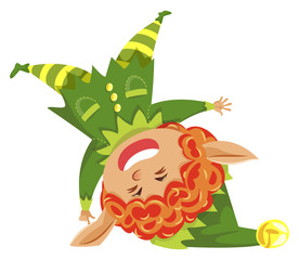 Elf cartoon hero wearing festive hat isolated on white. Christmas card with fairy character in green costume laughing. Traditional symbol of New Year funny gnome with big ears tumbling vector