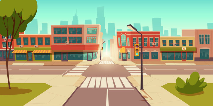Urban street landscape with crossroad and traffic light, buildings with small shops, cafes and restaurants cartoon vector background, town poster with empty street space