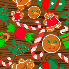 Seamless Wallpaper for Christmas radicalisering of different elements. Sugar candy, gingerbread, drinks and Christmas trees.