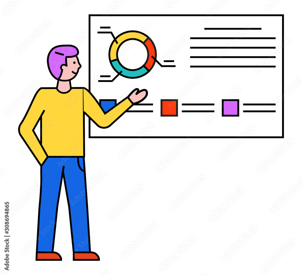 Poster man standing near statistics chart and looking on it. person explaining or consulting people about b