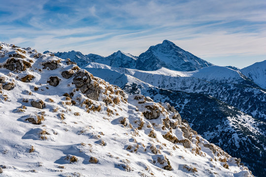 Typical winter mountain landscape. North wall of the outstanding summit of the Slovak Tatras - Krivan (Krywan).