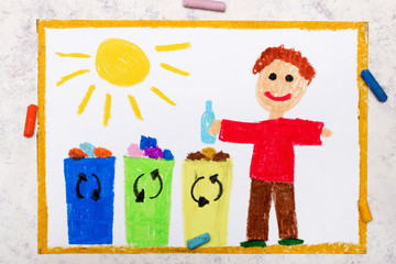 Obraz na płótnie Canvas Photo of colorful drawing: Waste separation. Smiling boy segregating their garbage to different colored trash bins. Waste sorting to help safe the planet