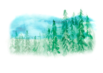 Watercolor art illustration. Drawing of the blue forest, pine tree, spruce, cedar. Dark, dense forest, suburban landscape. Postcard, logo, card. Misty forest, haze. Watercolor card, invitation. Foggy 