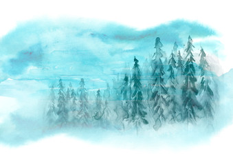 Watercolor art illustration. Drawing of the blue forest, pine tree, spruce, cedar. Dark, dense forest, suburban landscape. Postcard, logo, card. Misty forest, haze. Watercolor card, invitation. Foggy 