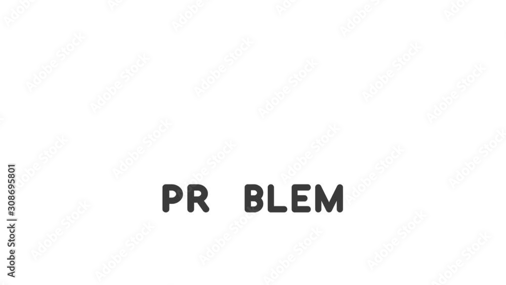 Aufkleber animation of problem word with big question mark on white background.