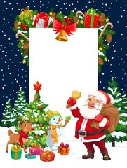 Christmas holiday blank greeting vector poster, Santa with golden bell, snowman and reindeer. Xmas tree lights, decoration ornaments and gifts, candy canes and falling snow in nigh sky