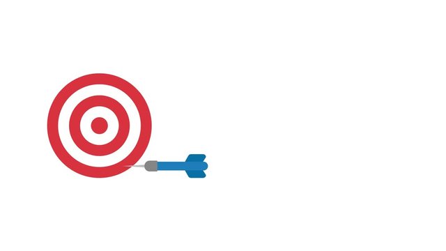 Animation of bulls eye and dart miss the target, white background.