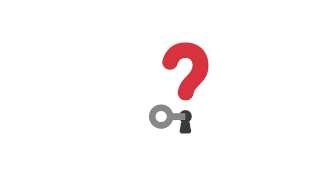 Animation of wuestion mark with keyhole and key into keyhole, white background.