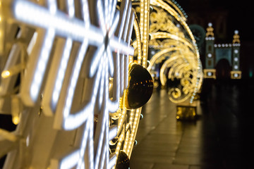 Naklejka premium New year preparetions in Moscow, Russia. Bright lights at night