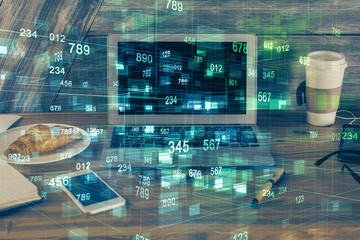 Obraz premium Double exposure of computer and technology theme drawing. Concept of innovation.