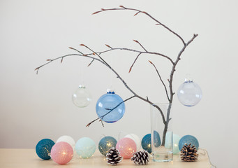 Modern stylish minimalistic Christmas home decorations. DIY idea for interior design, trendy classic blue