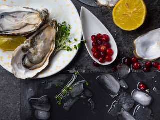 Oysters heart shape in plate with lemon, cranberries, microgreens, knife, shells on marble.
