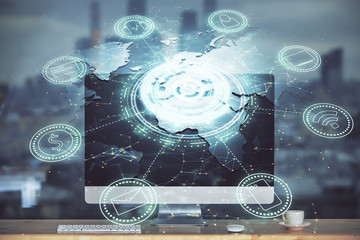 Computer on desktop with social network theme icon. Multi exposure. Concept of international...