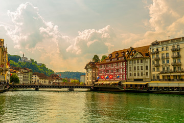 Reuss River and City of Lucerne with Luxury Hotel in Switzerland.