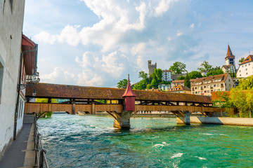 Spreuer Bridge and Reuss River in City of Lucerne, Switzerland.