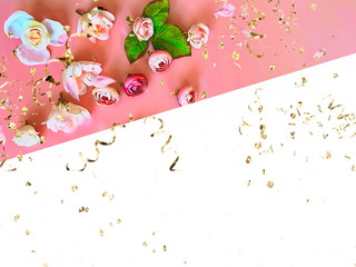  wishes quotes text on Pink white roses bouquet  on white  floral background copy space happy...