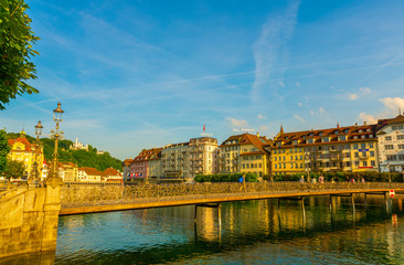 Naklejka premium Reuss River and City of Lucerne in Switzerland.