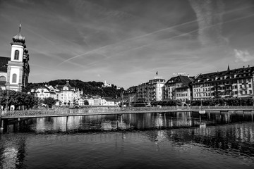 Reuss River and City of Lucerne in Switzerland.