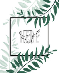 Vector illustration floral greenery card design. Forest leaves. Wedding invite poster invitation. Green leaves border