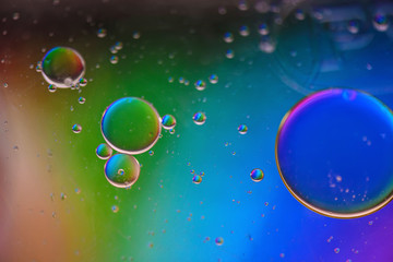 Oil drops in water. Abstract defocused psychedelic pattern image rainbow colored. Abstract background with colorful gradient colors. DOF.